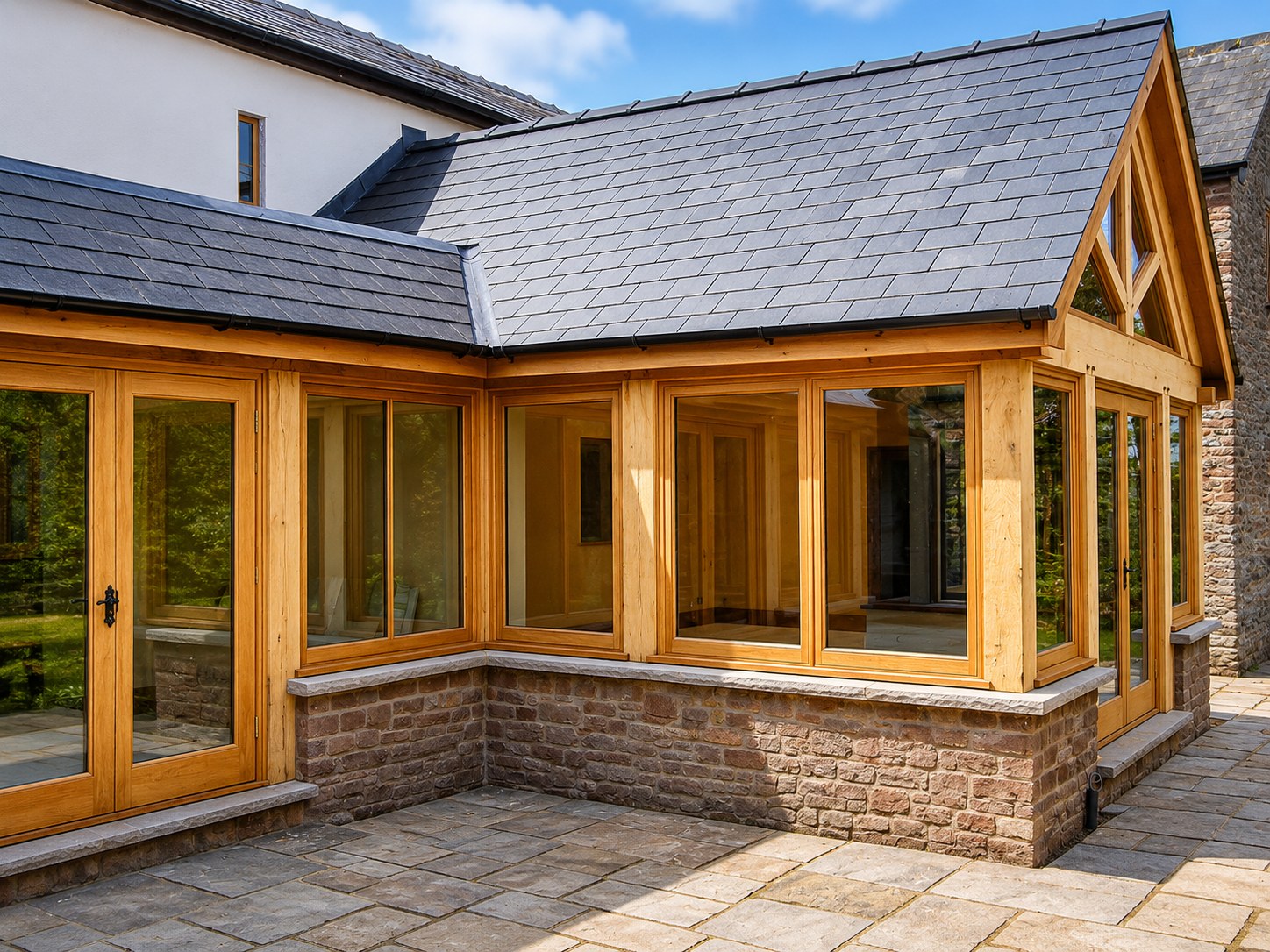 Glazed timber garden room adjoining a stone house