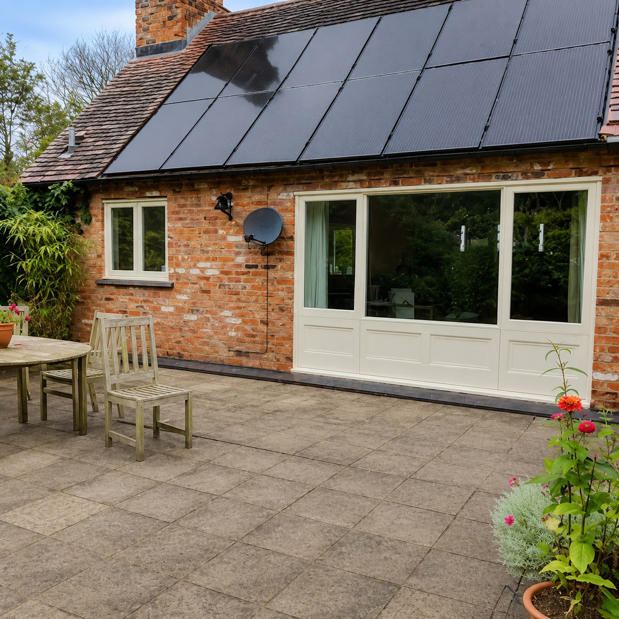 Wide painted glazed doors facing a paved terrace