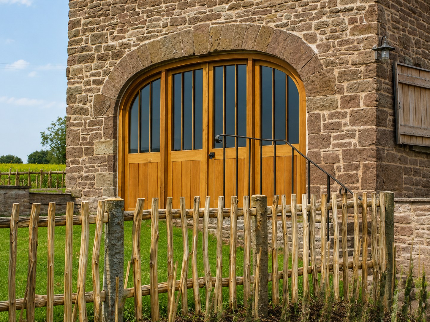 Arched double timber doors in a barn opening