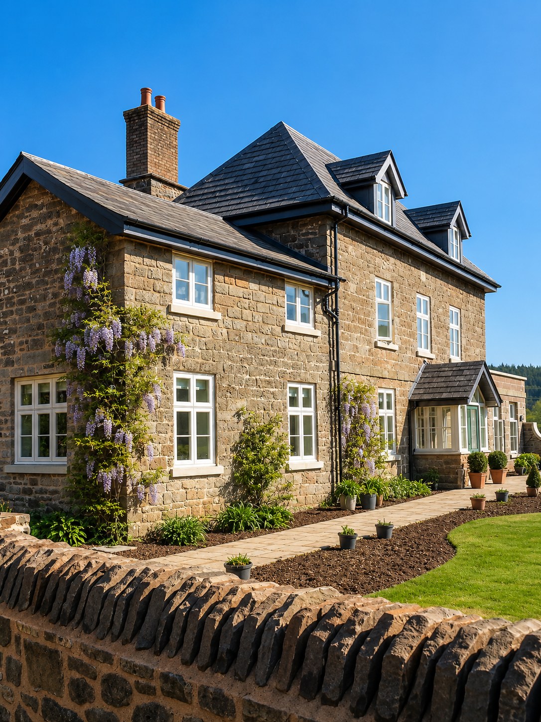 Stone house with timber windows and glazed doors
