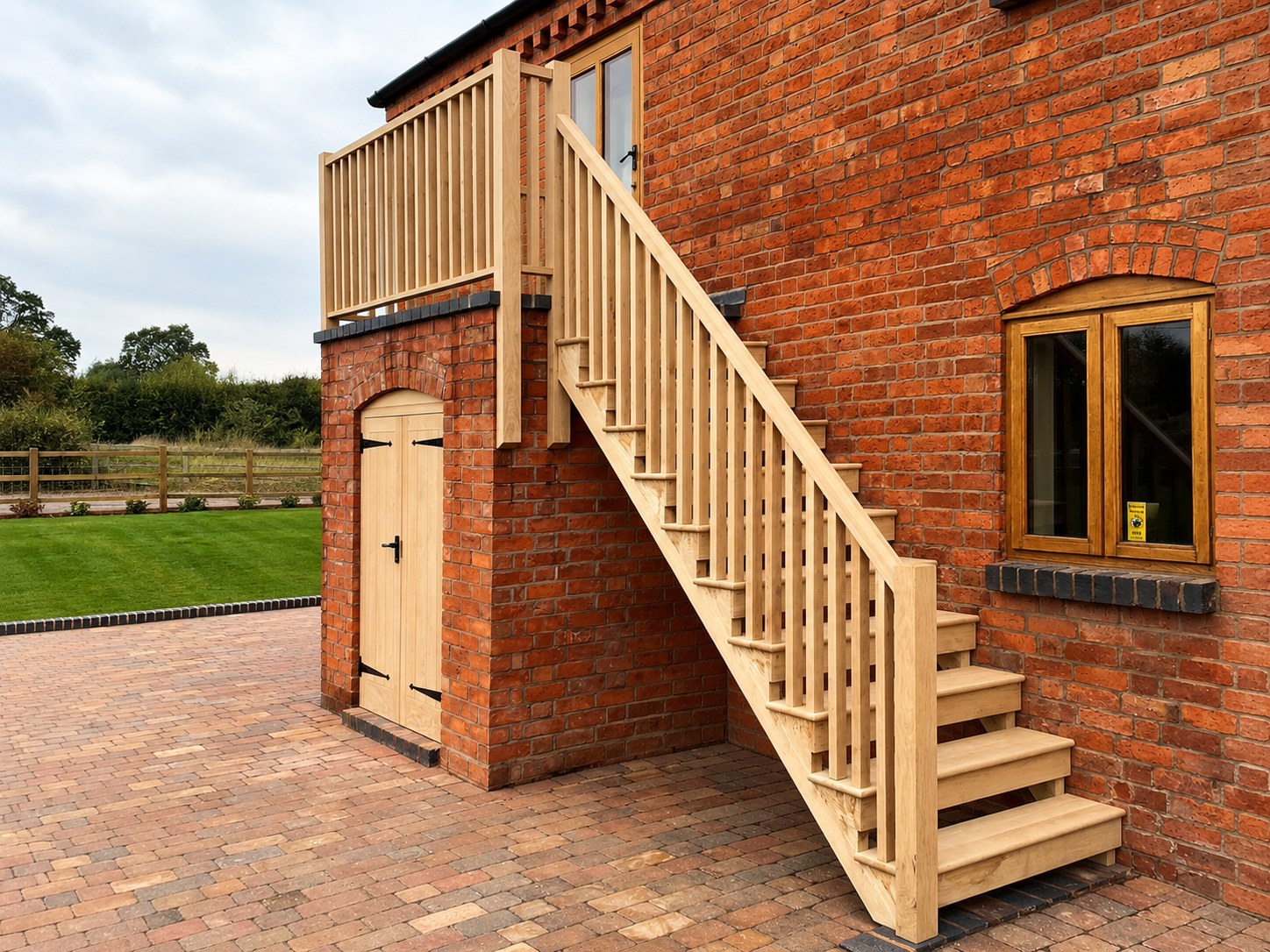 Exterior timber staircase beside a brick building
