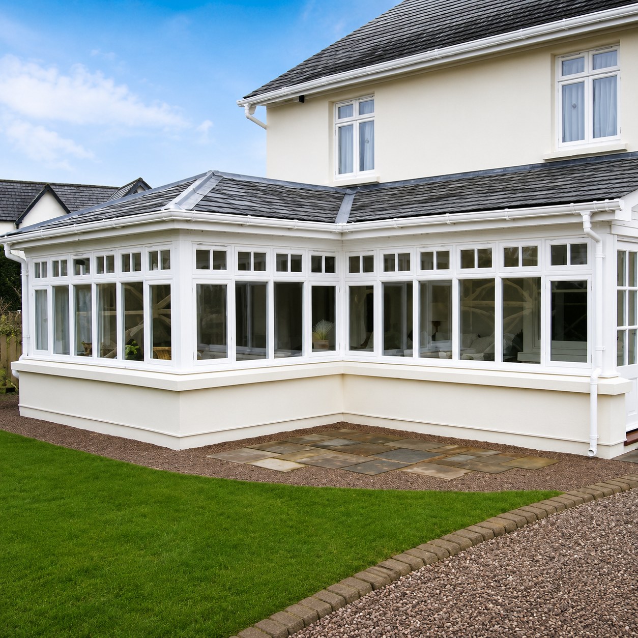 White painted conservatory beside a house