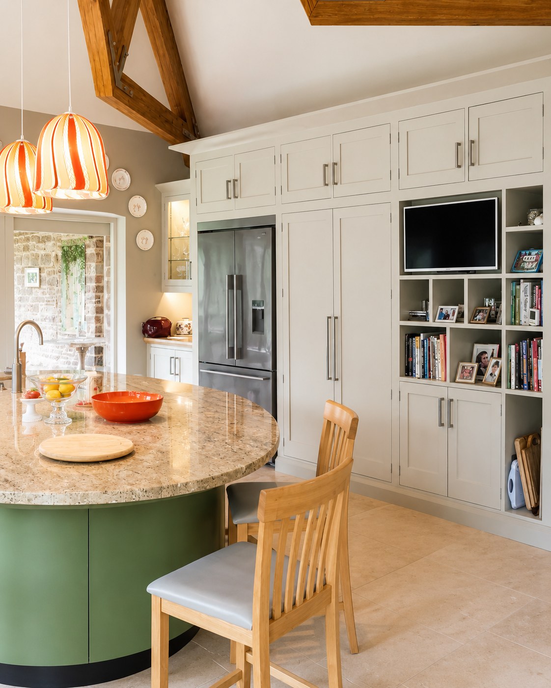 Kitchen island, painted cabinetry and timber beams