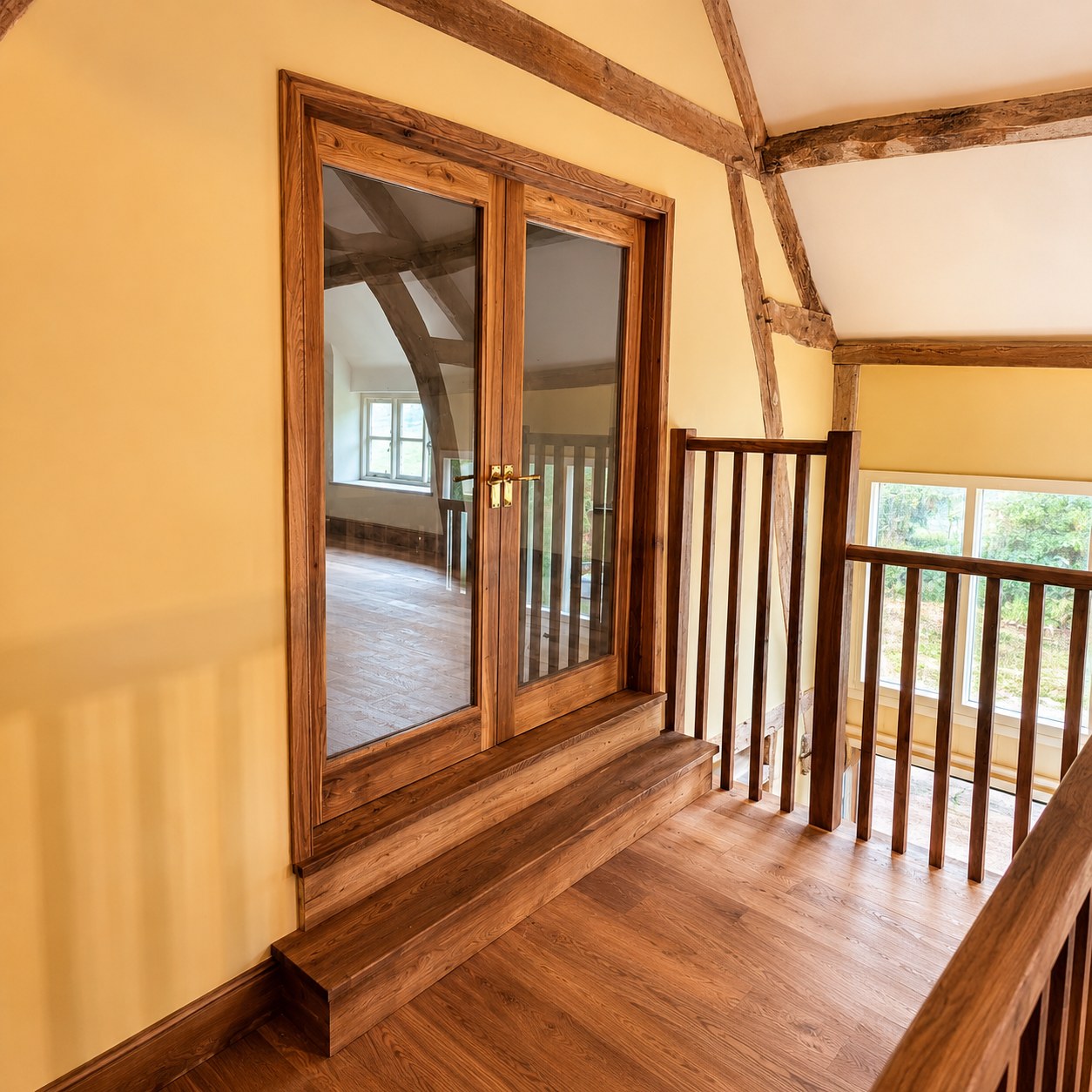 Timber-framed internal opening beside a stair landing