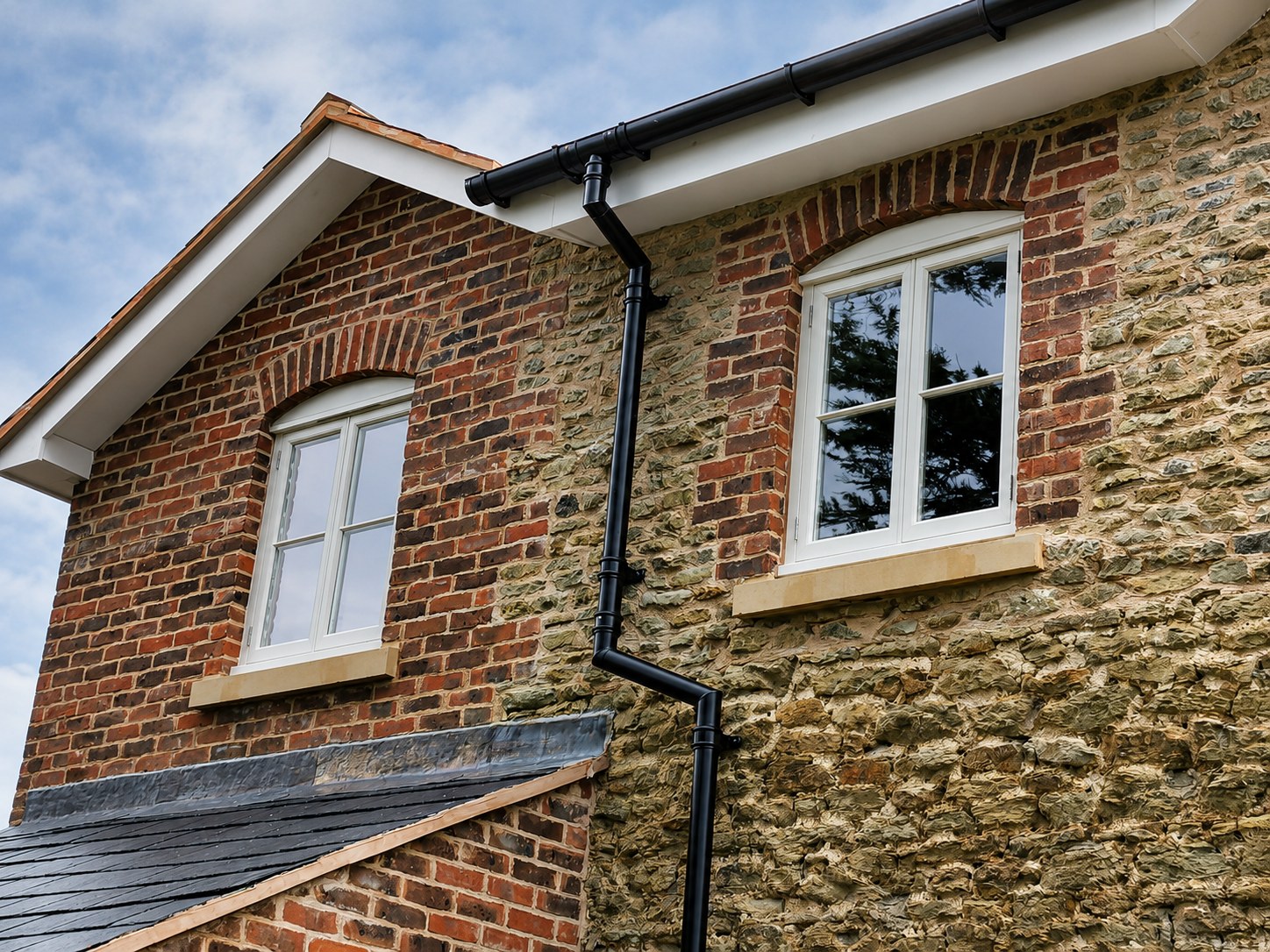 Painted windows across a stone and brick elevation