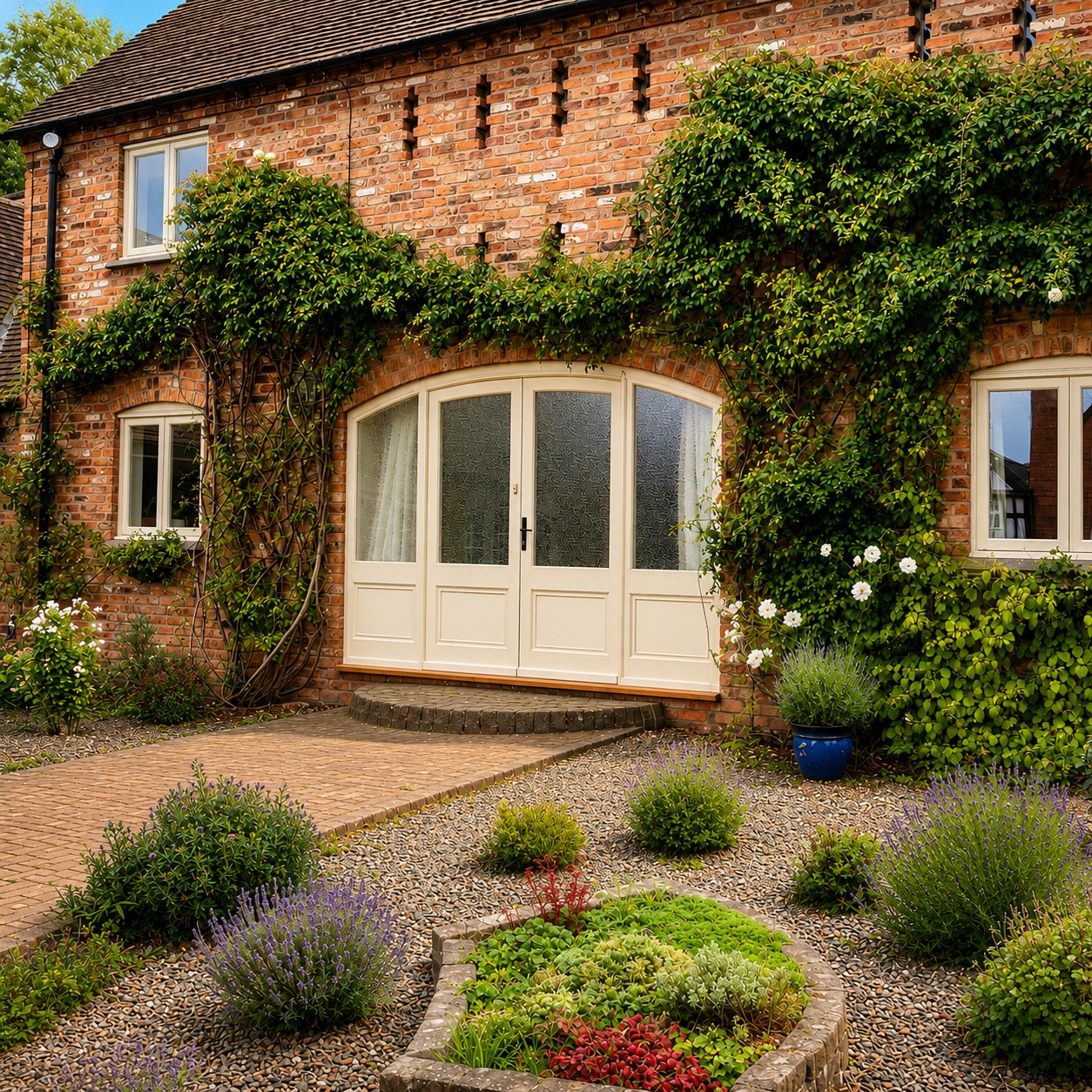 Arched glazed double doors in an ivy-covered wall