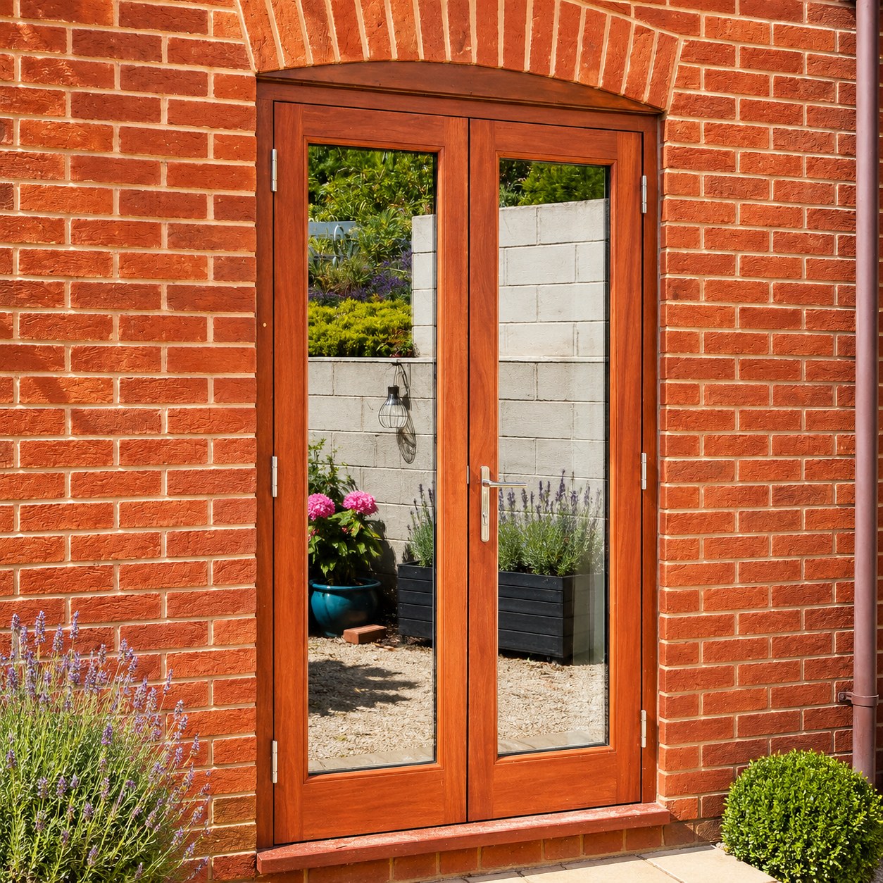 Timber French doors in a brick opening