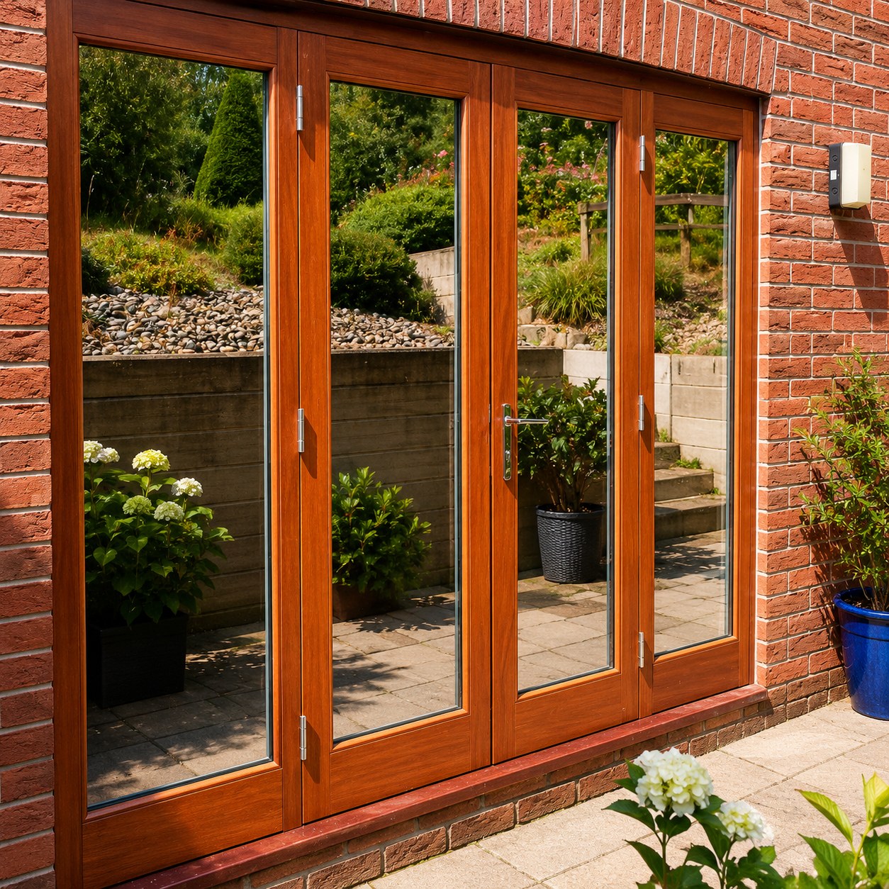 Glazed timber doors opening to a paved garden