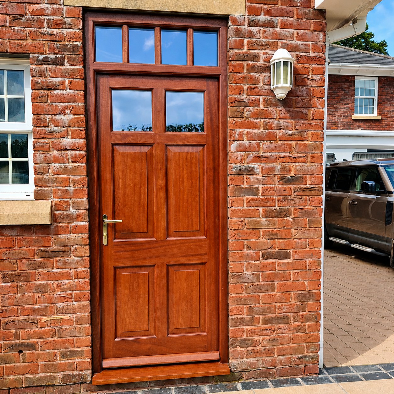 Panelled timber entrance door with glazed upper panels