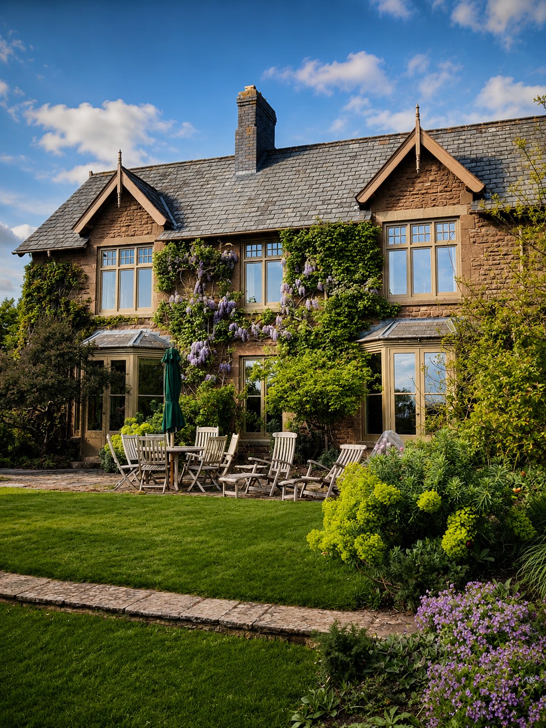 Stone house with timber dormers and glazed doors