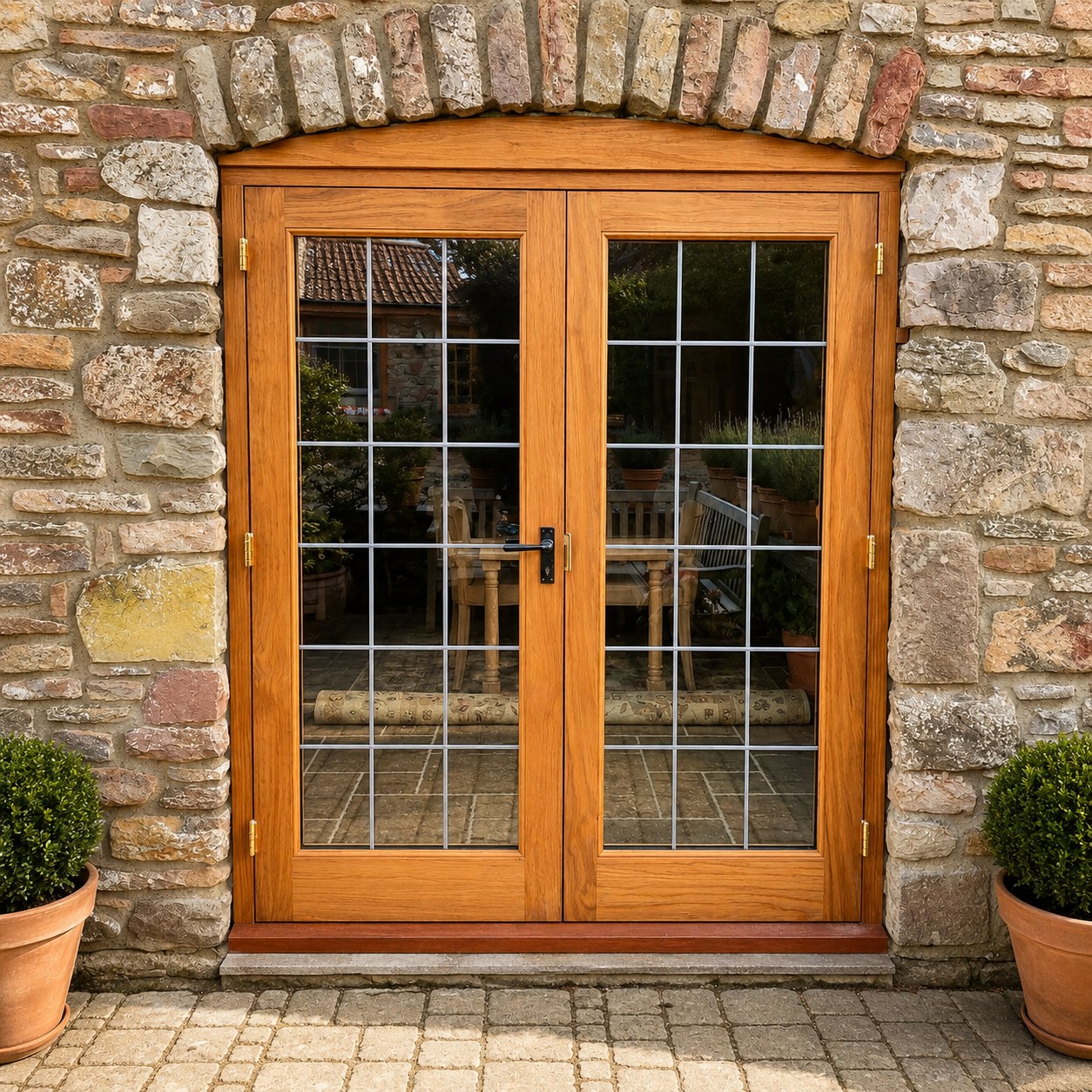 Divided-light timber French doors in a stone wall