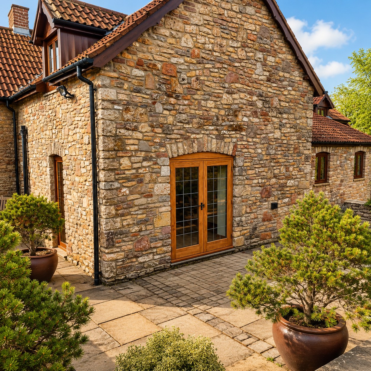 Stone outbuilding with timber double doors