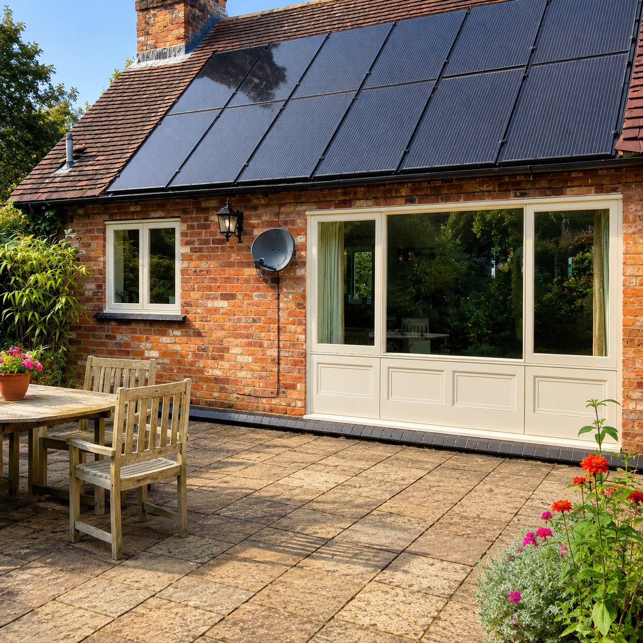 Wide painted glazed doors beneath a tiled roof