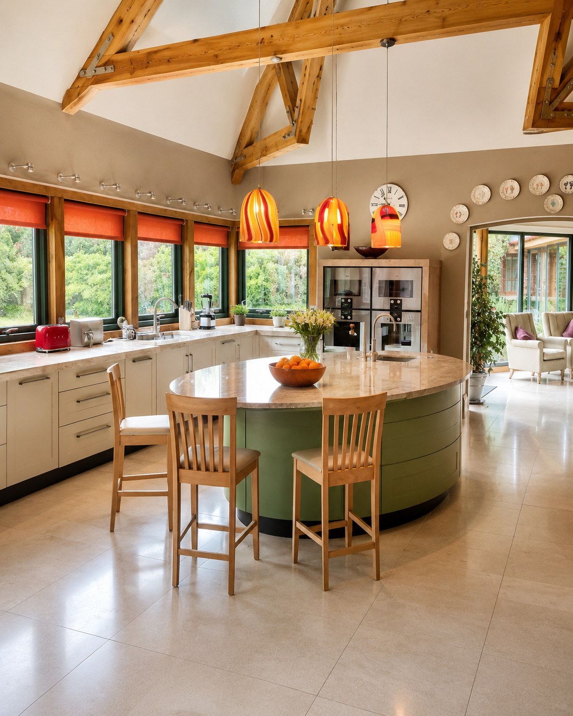 Painted kitchen cabinetry beneath exposed timber beams