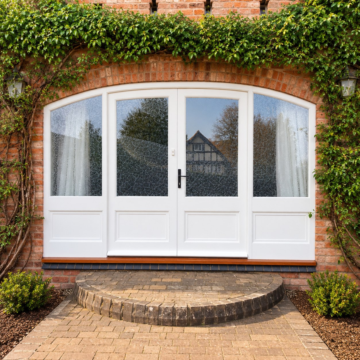 Arched white glazed doors in a brick and stone opening