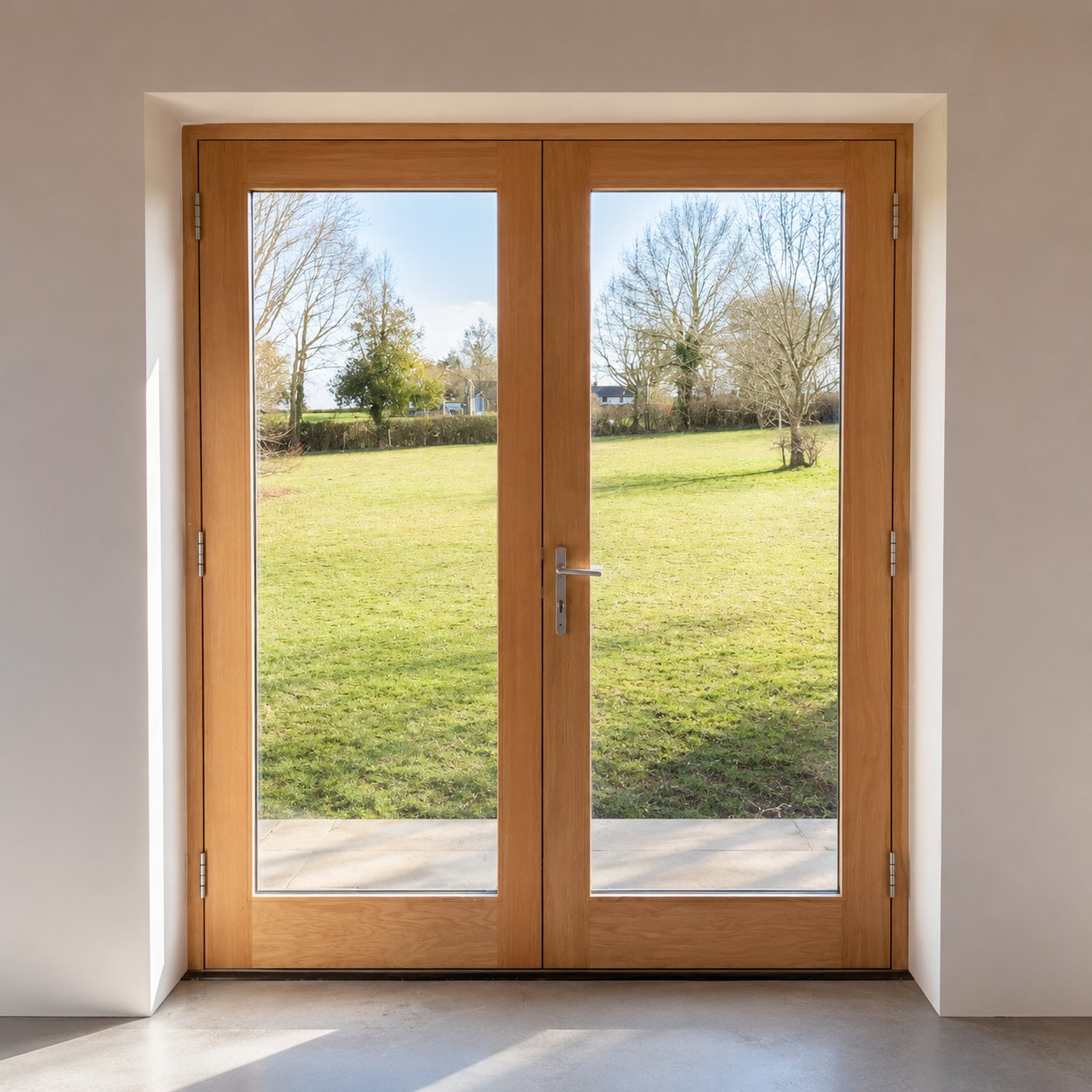 Timber glazed double doors viewed from inside