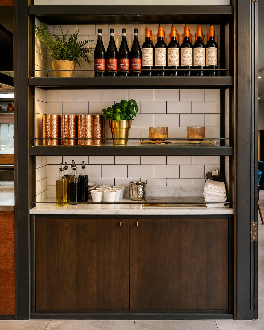 Dark fitted drinks cabinet with shelving and worktop