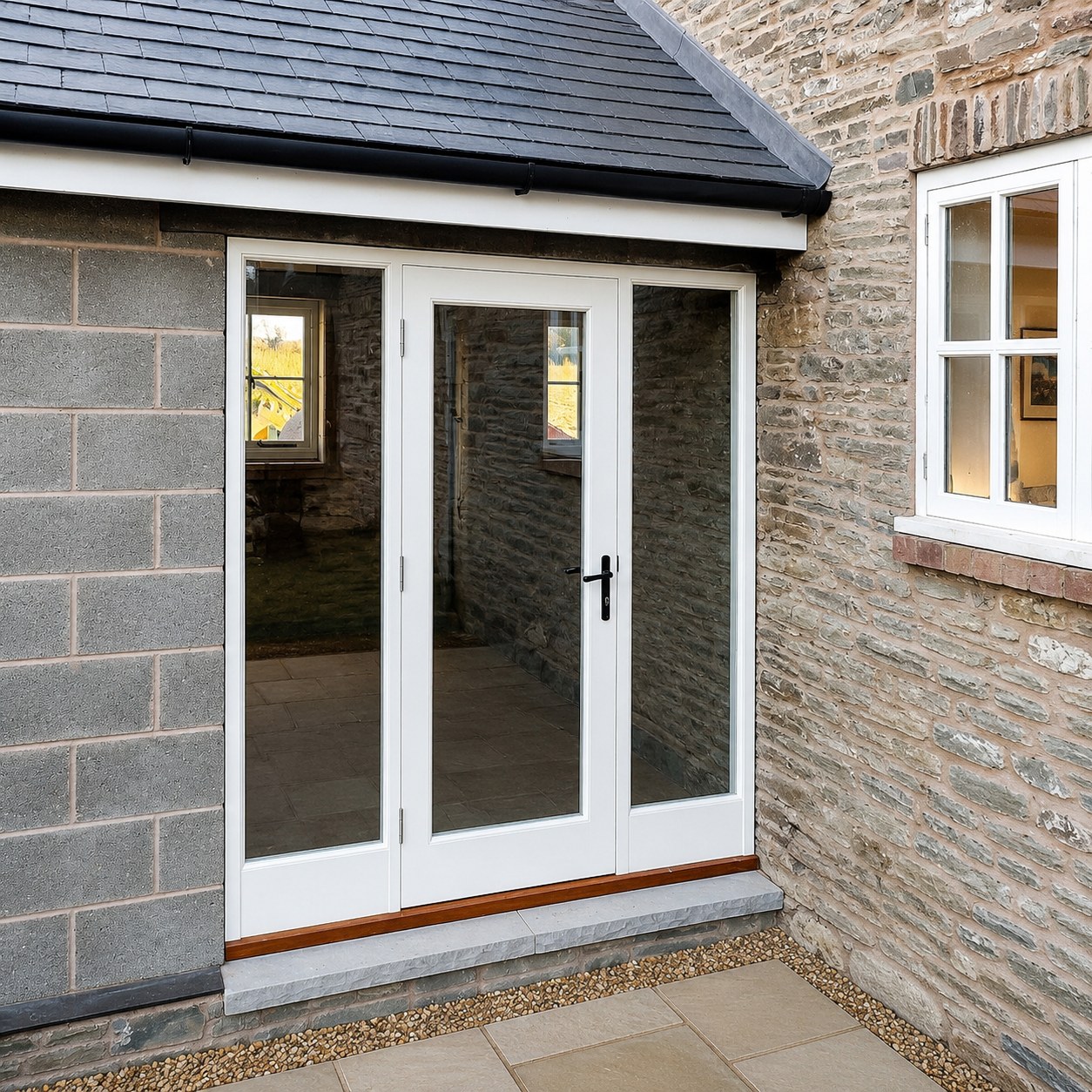 White double doors at the edge of a stone extension