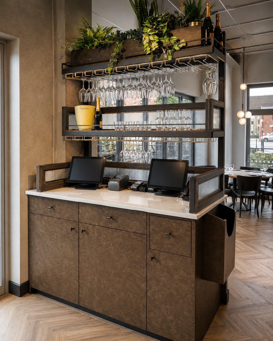 Fitted timber service counter and wall shelving