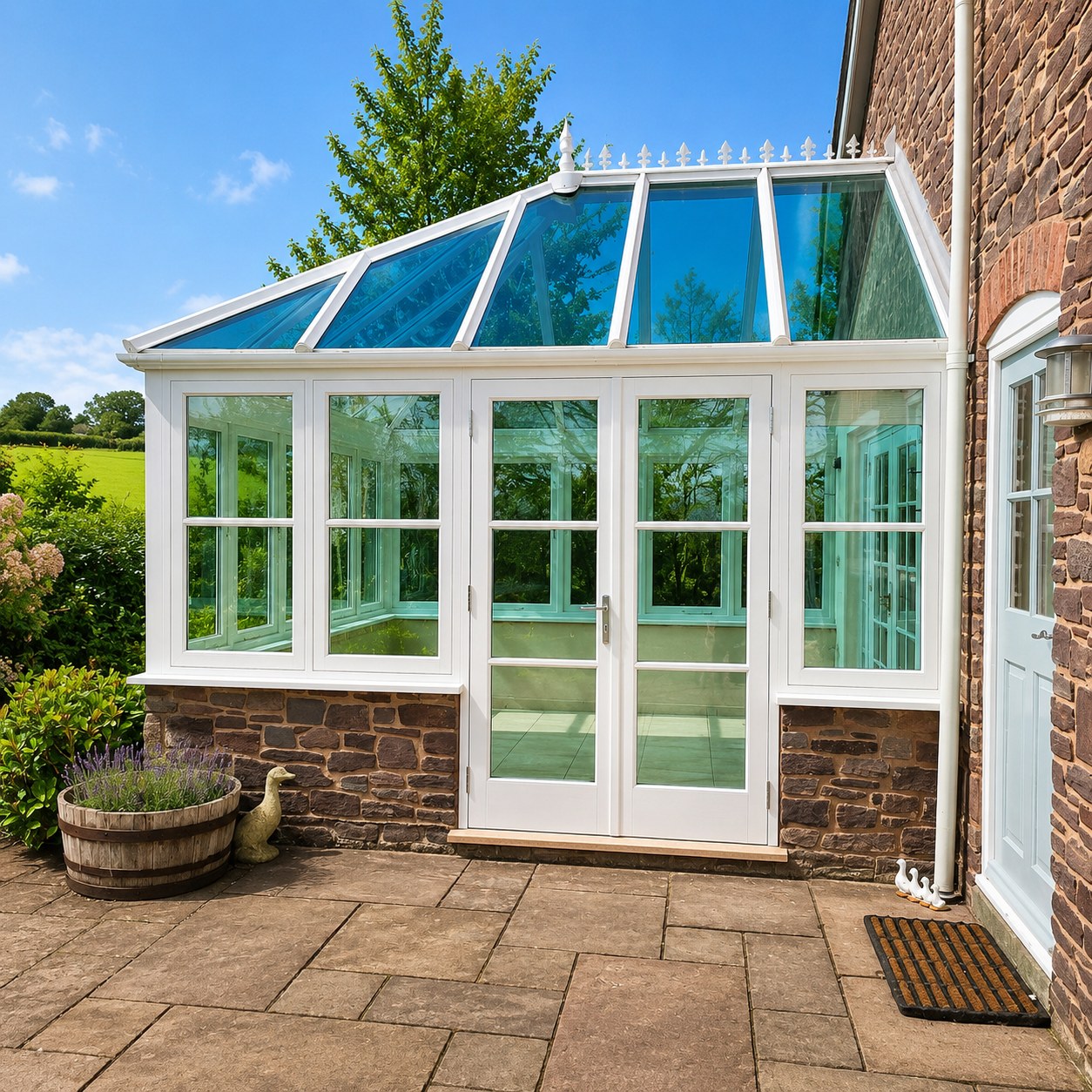 Painted garden room with a glazed pitched roof