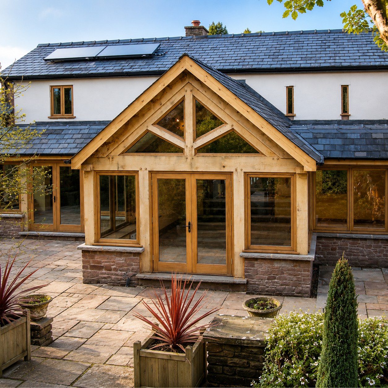 Timber garden-room entrance and gabled roof