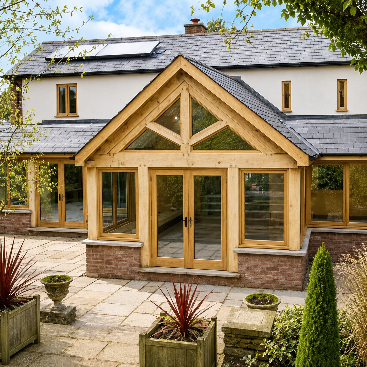 Timber-framed glazed garden room beside stonework