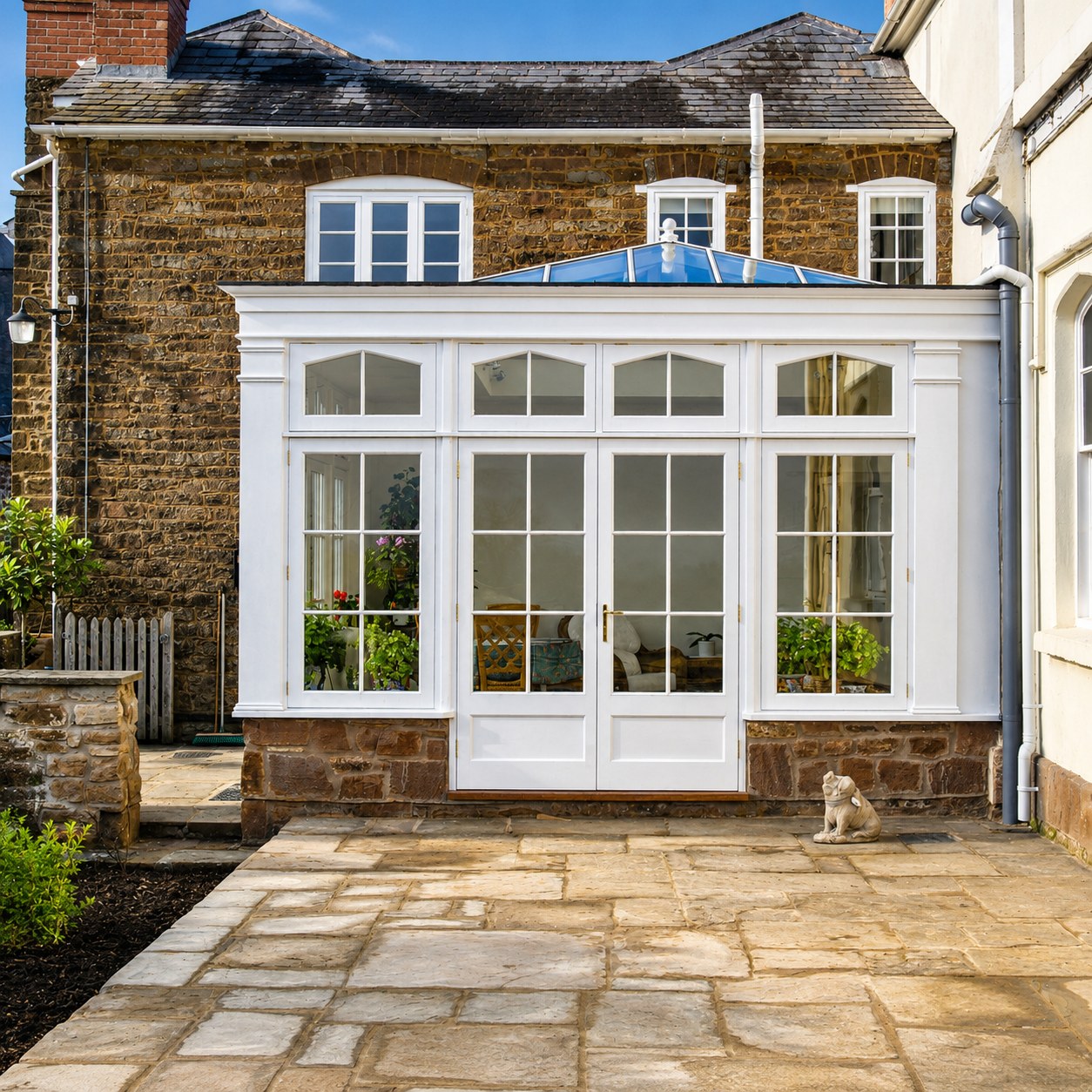 Painted conservatory entrance and paved terrace