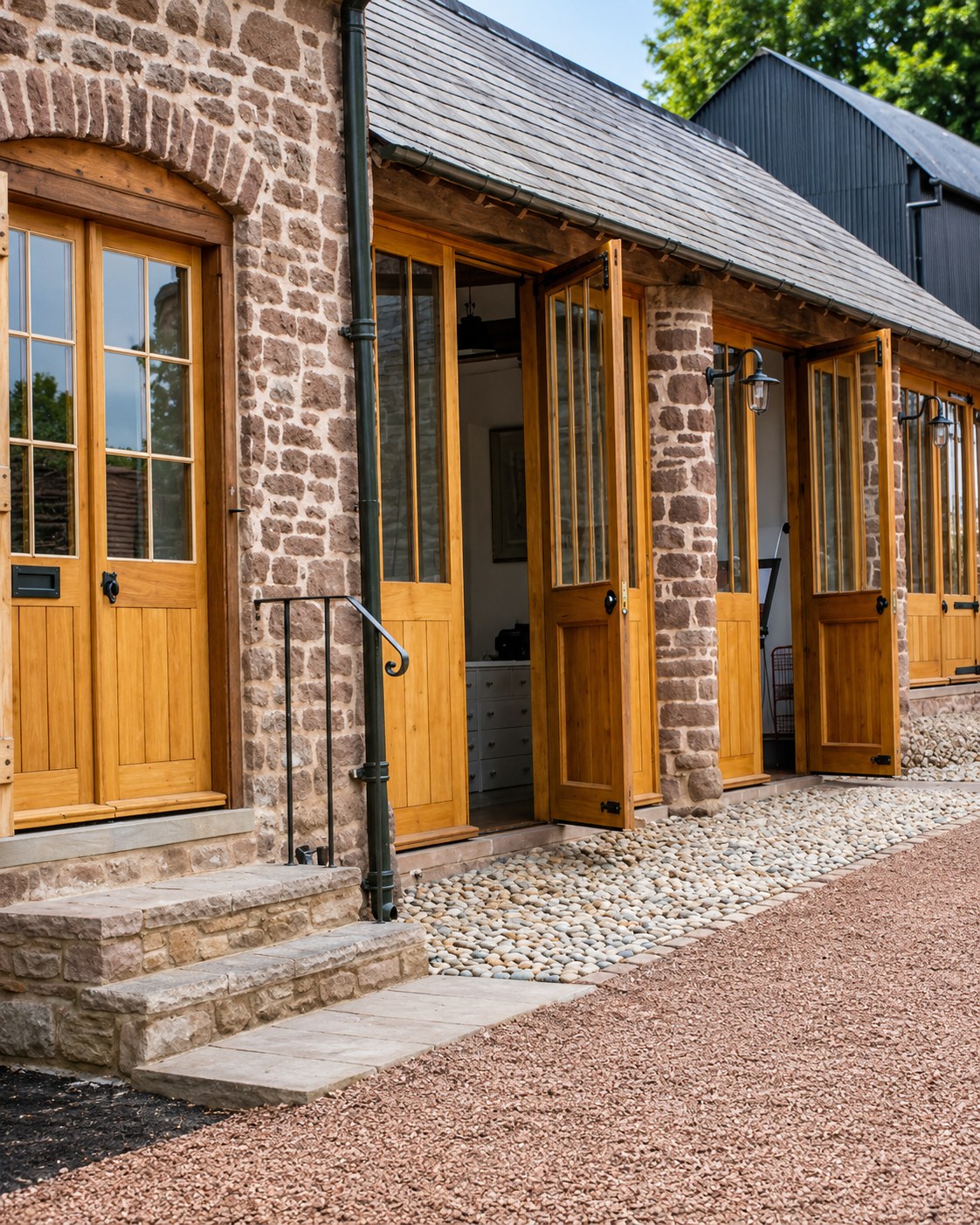 Timber doors and windows along a stone elevation