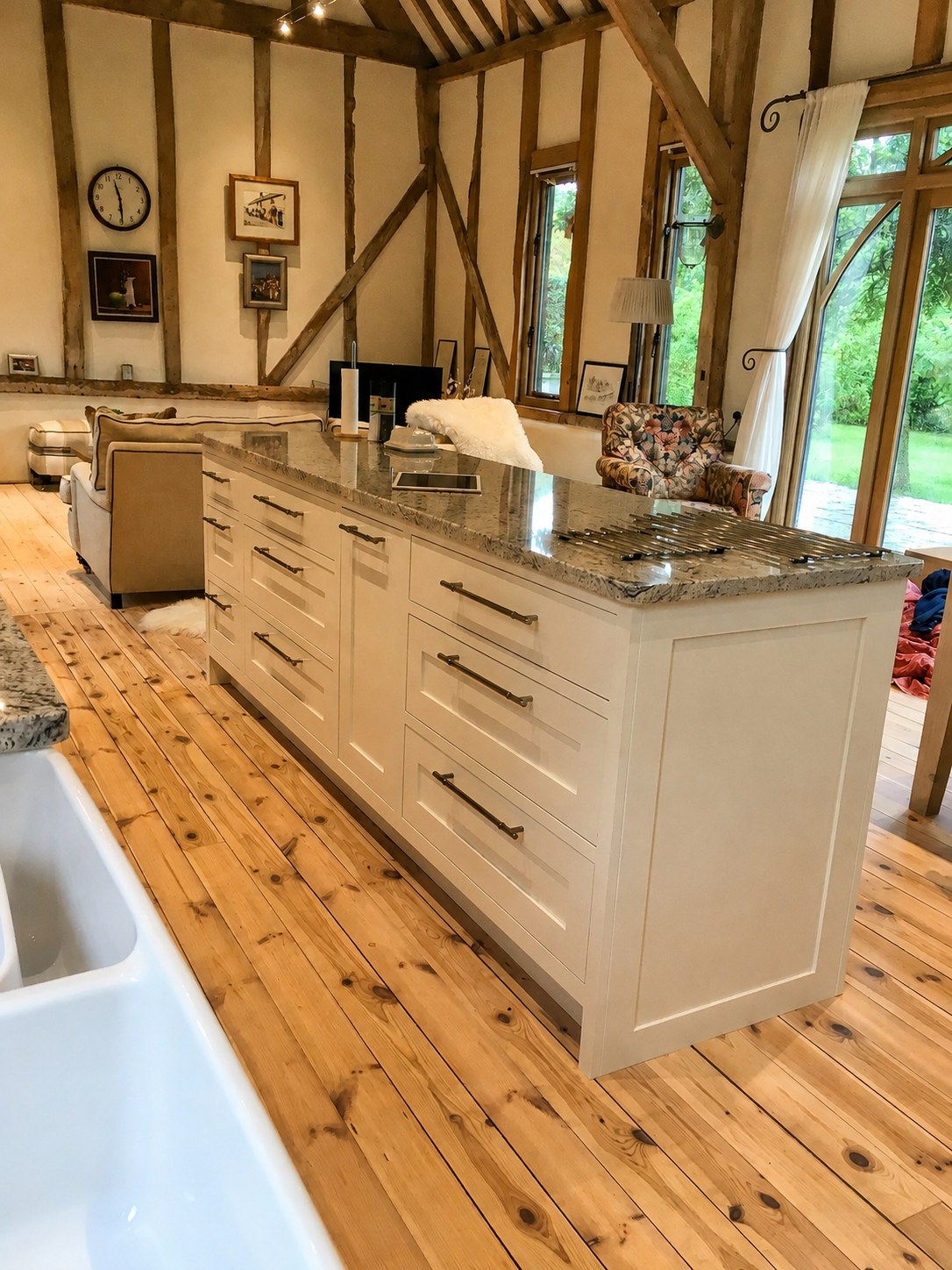 Painted kitchen island and surrounding cabinets