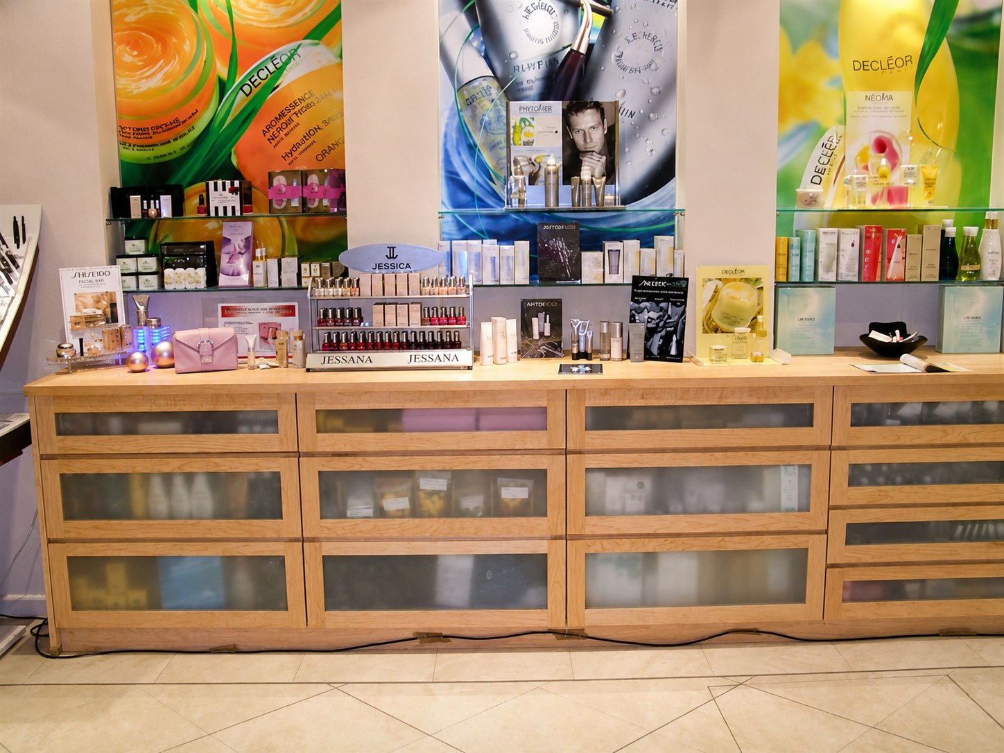 Timber display counter in a shop interior