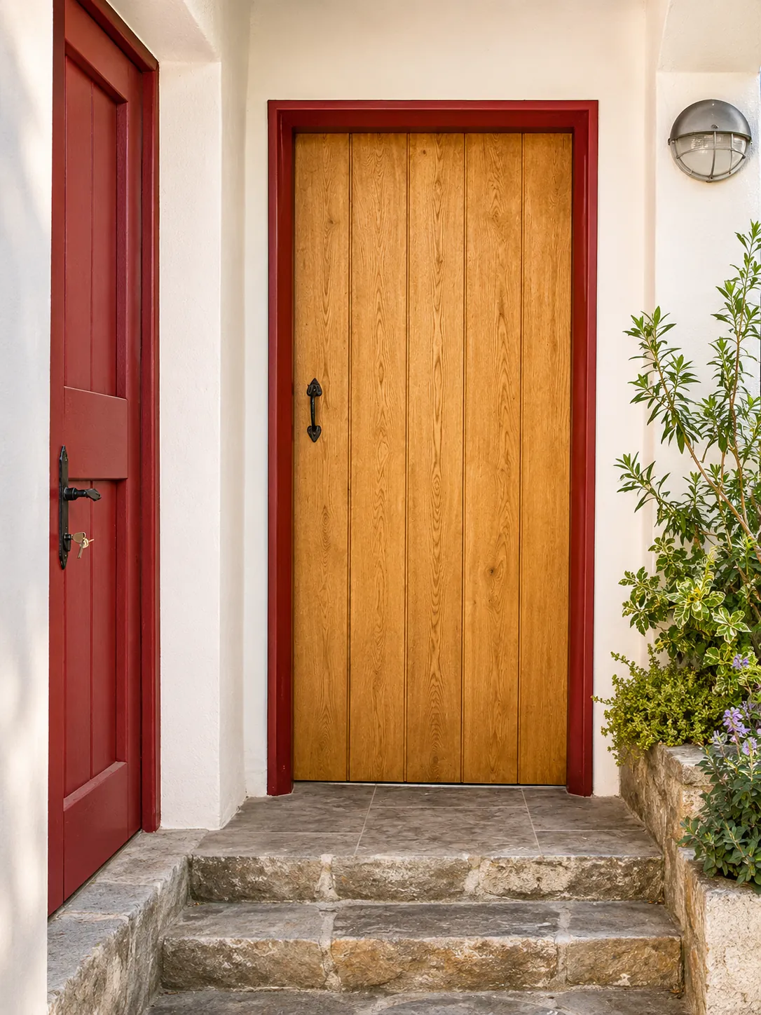 Boarded timber entrance door in a red painted frame