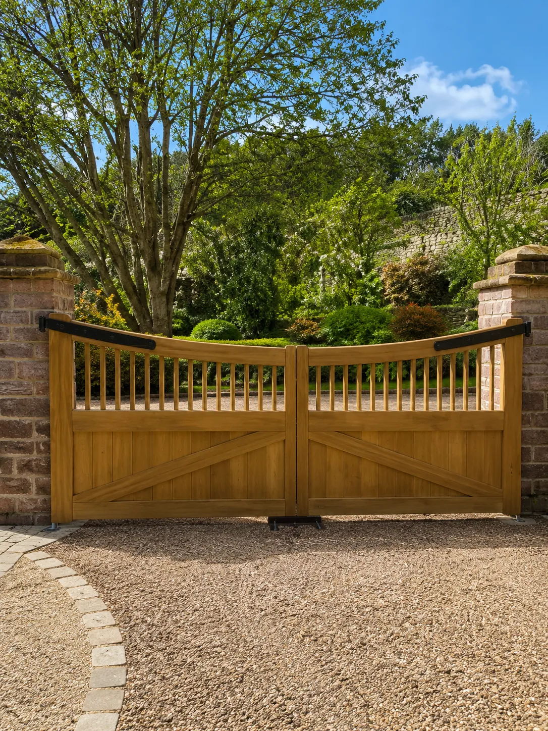 Timber driveway gates viewed from the road