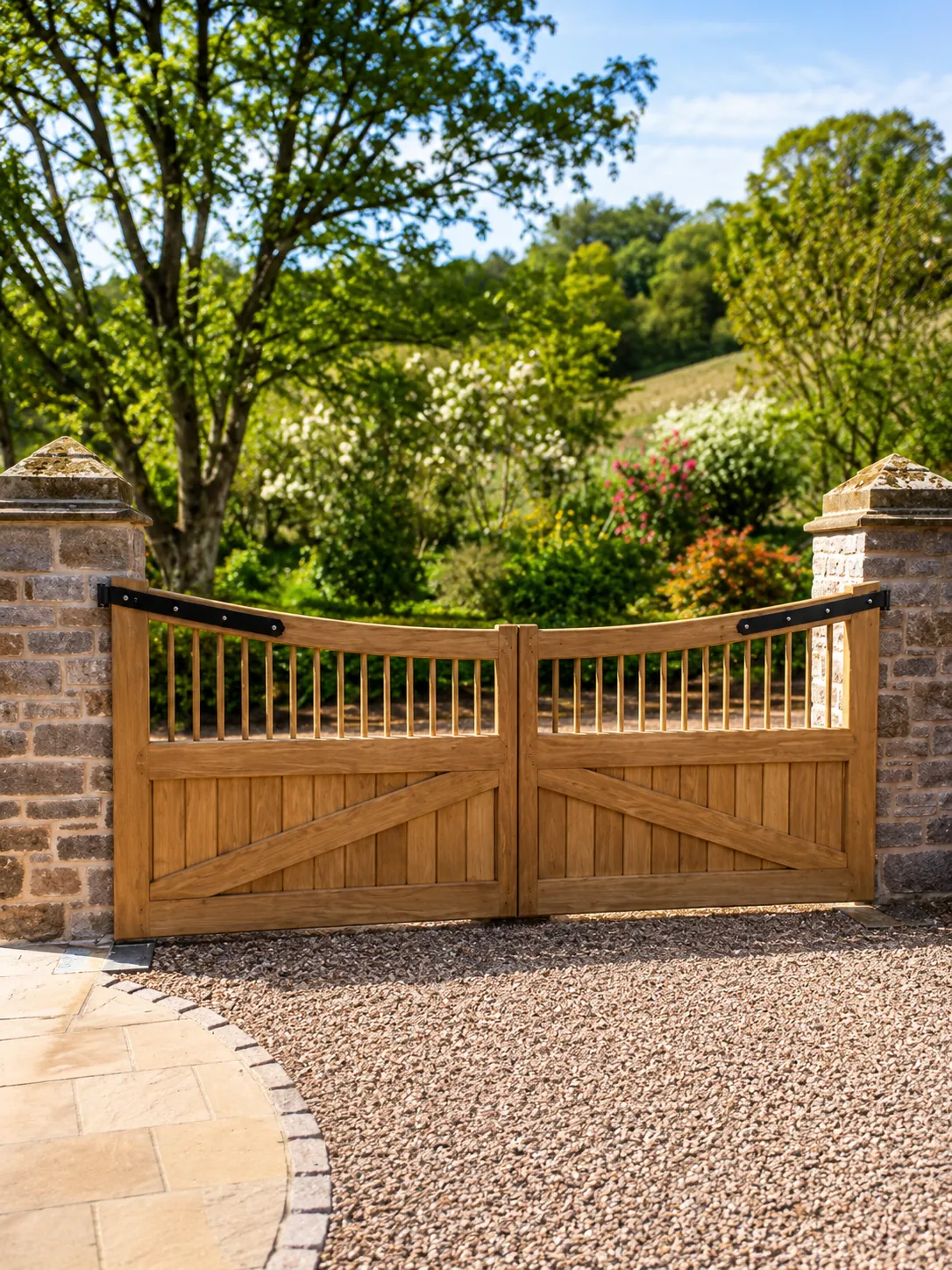 Timber driveway gates viewed from the entrance