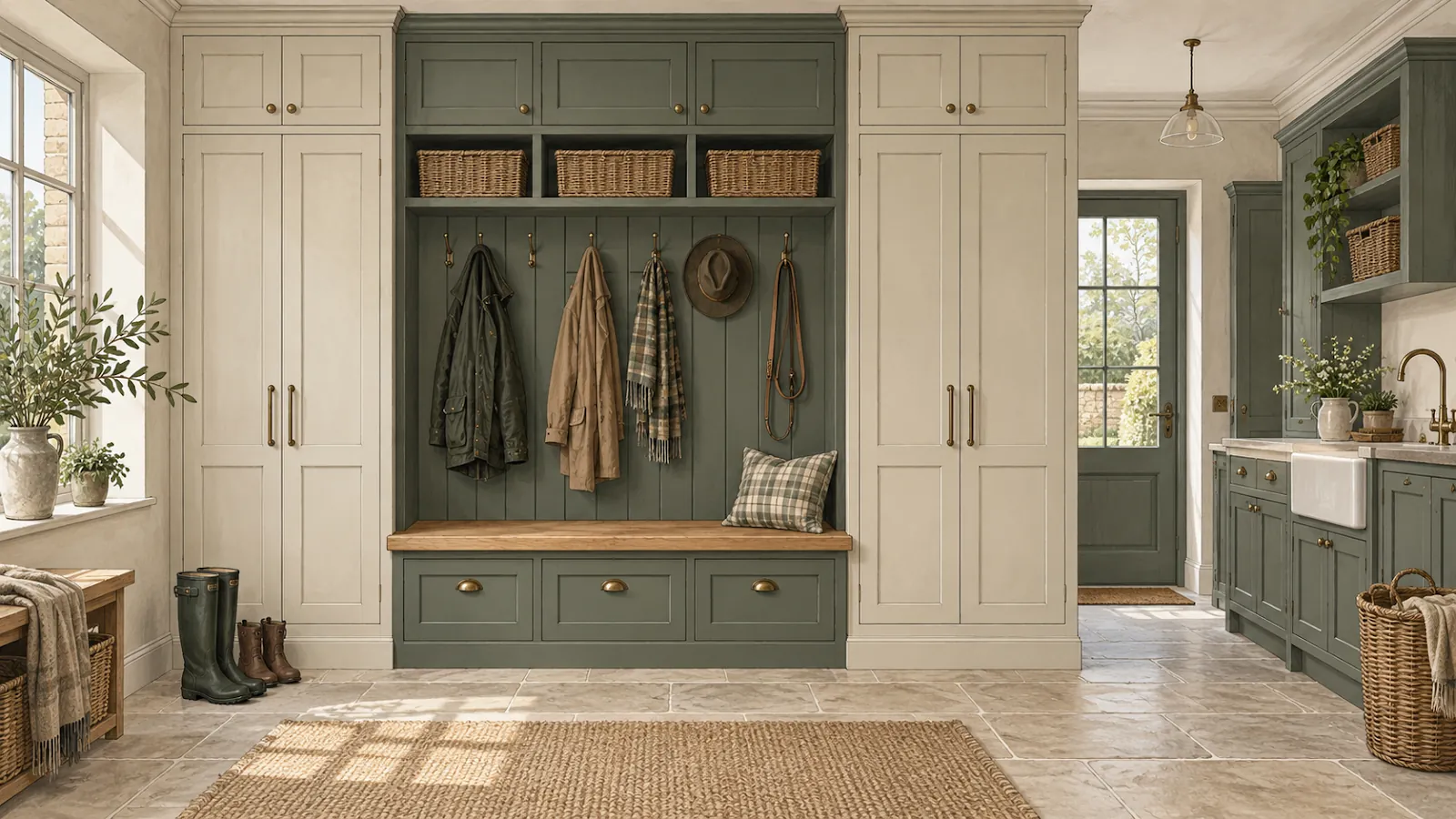 Painted boot-room cupboards and bench