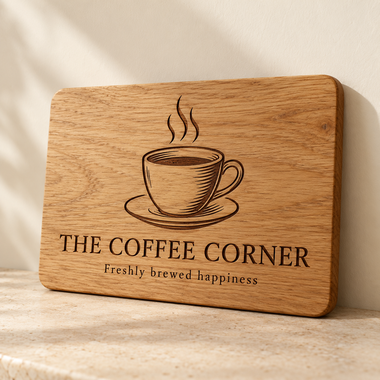Personalised Oak Coffee Station Plaque — AI-generated design illustration