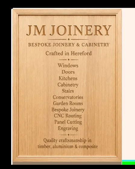 Engraved JM Joinery display panel