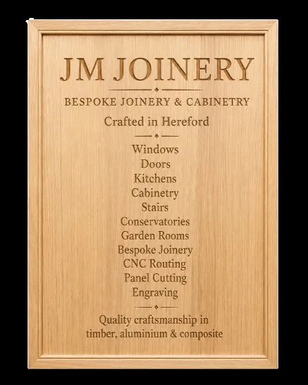 Engraved JM Joinery sign