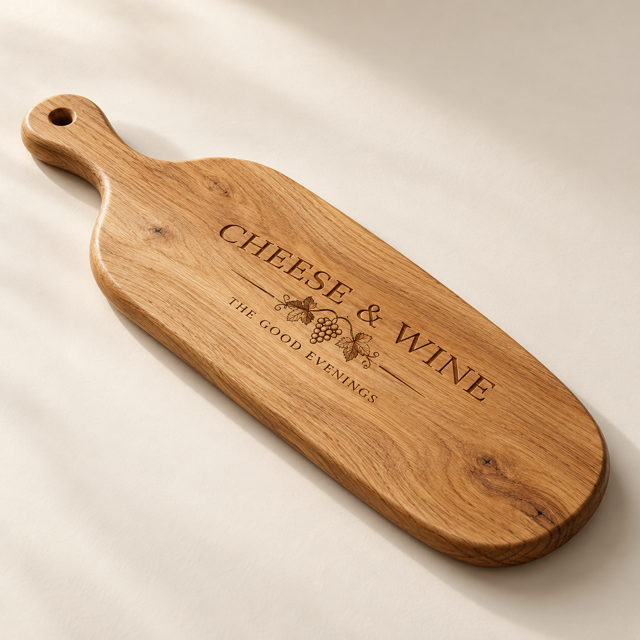 Personalised Oak Cheese & Wine Paddle Board — AI-generated design illustration