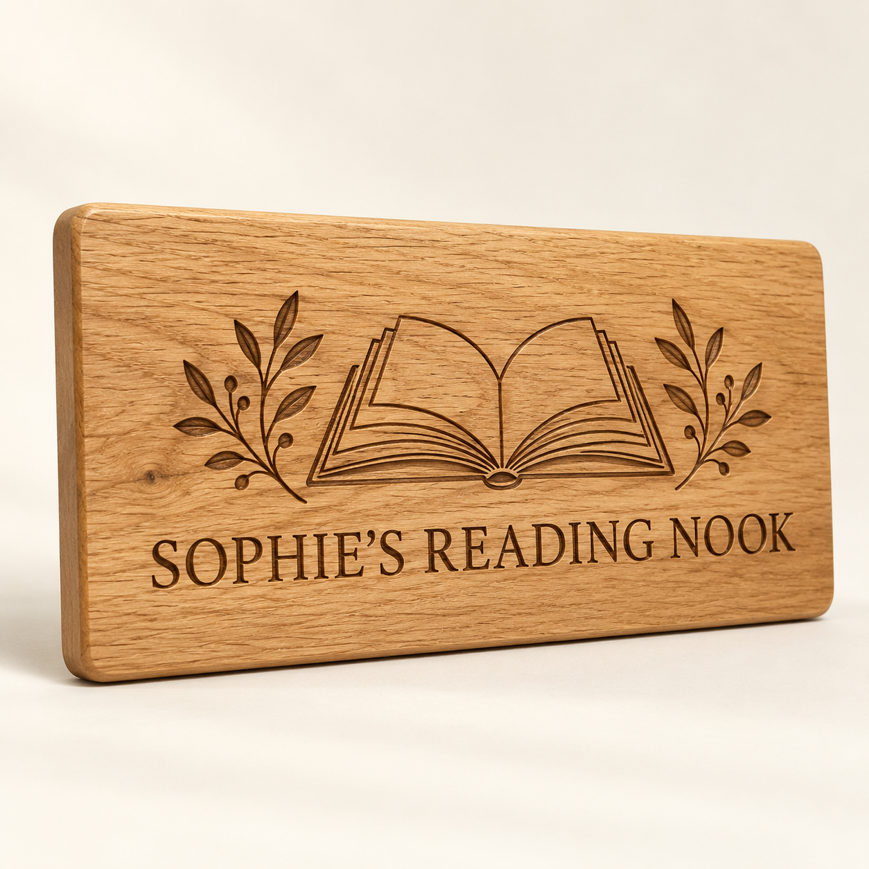 Personalised Oak Reading Nook Plaque — AI-generated design illustration