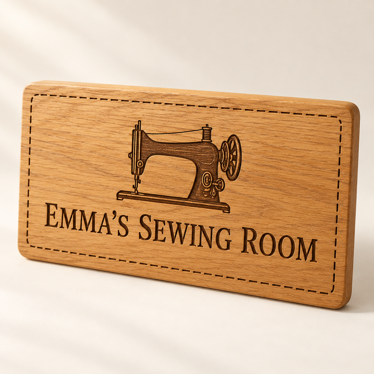 Personalised Oak Sewing Room Plaque — AI-generated design illustration