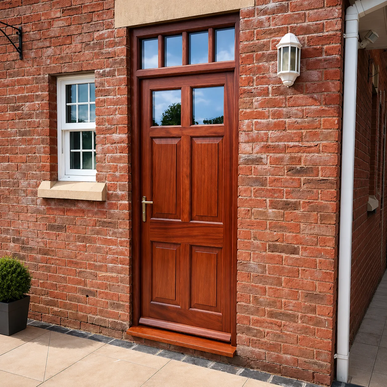 Stained timber entrance door with divided glazing in brickwork