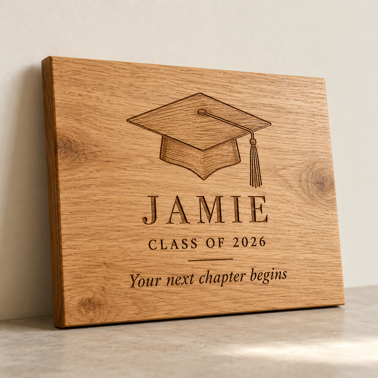 Engraved Oak Graduation Keepsake Plaque — AI-generated design illustration