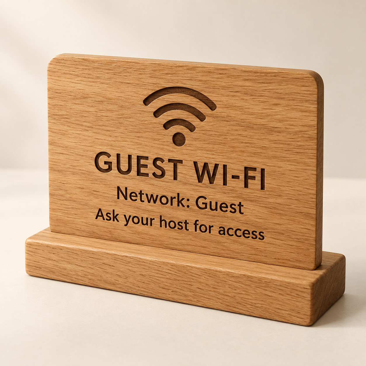 Engraved Oak Guest Wi-Fi Plaque — AI-generated design illustration