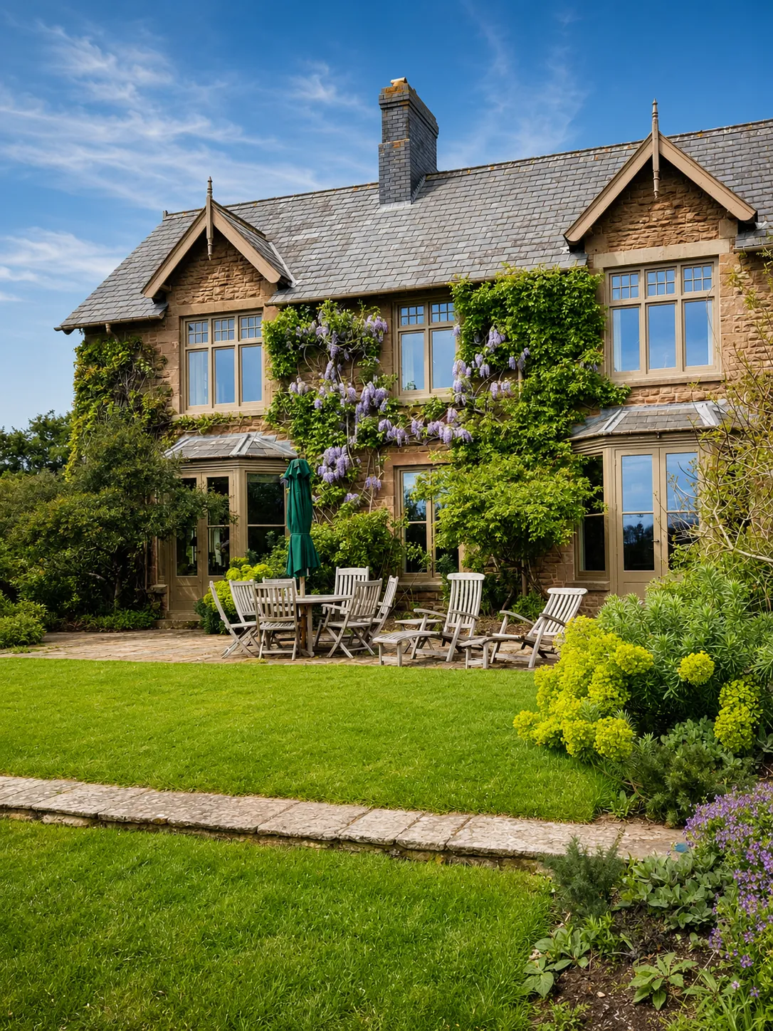 Timber windows and doors across a stone house
