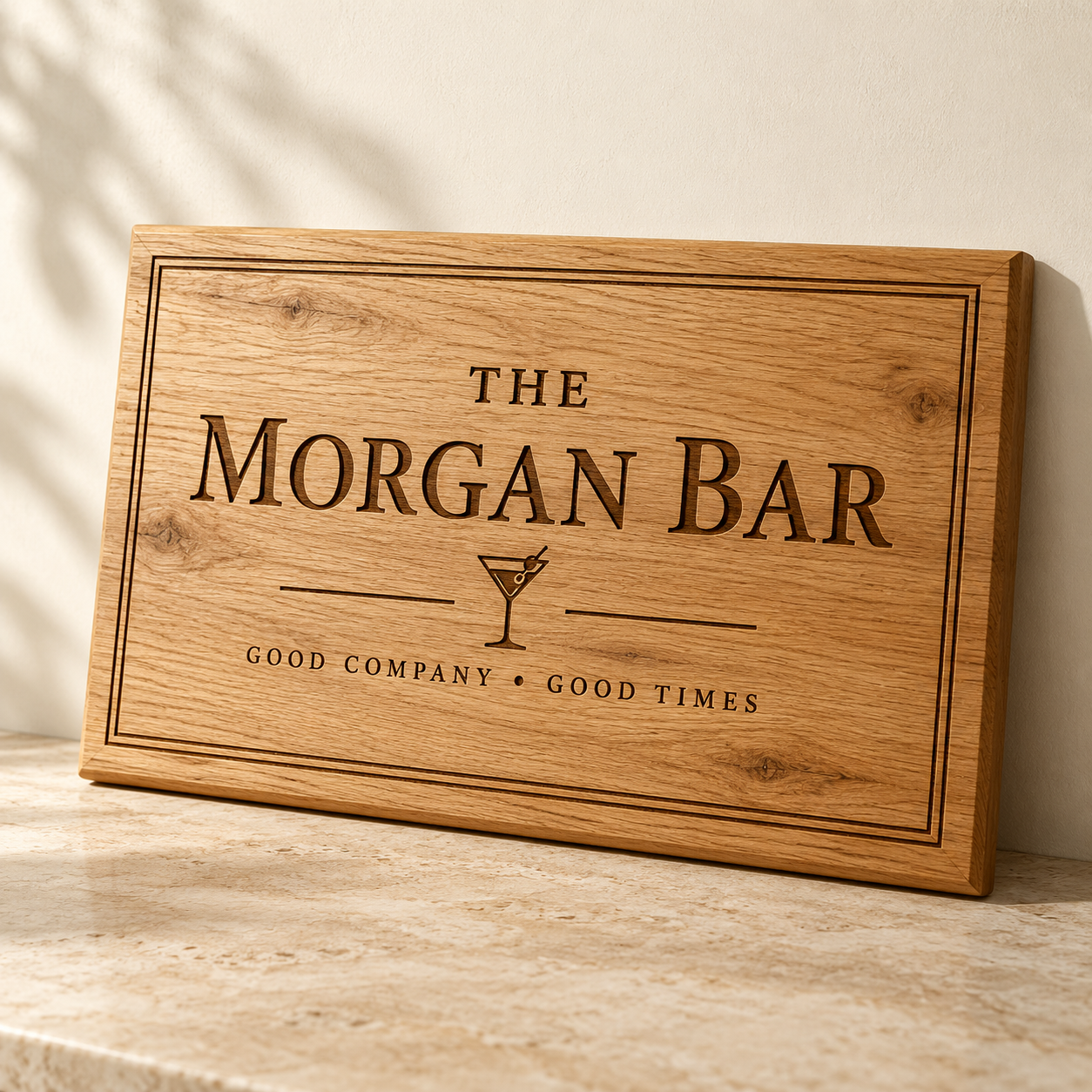 Personalised Oak Home Bar Plaque — AI-generated design illustration