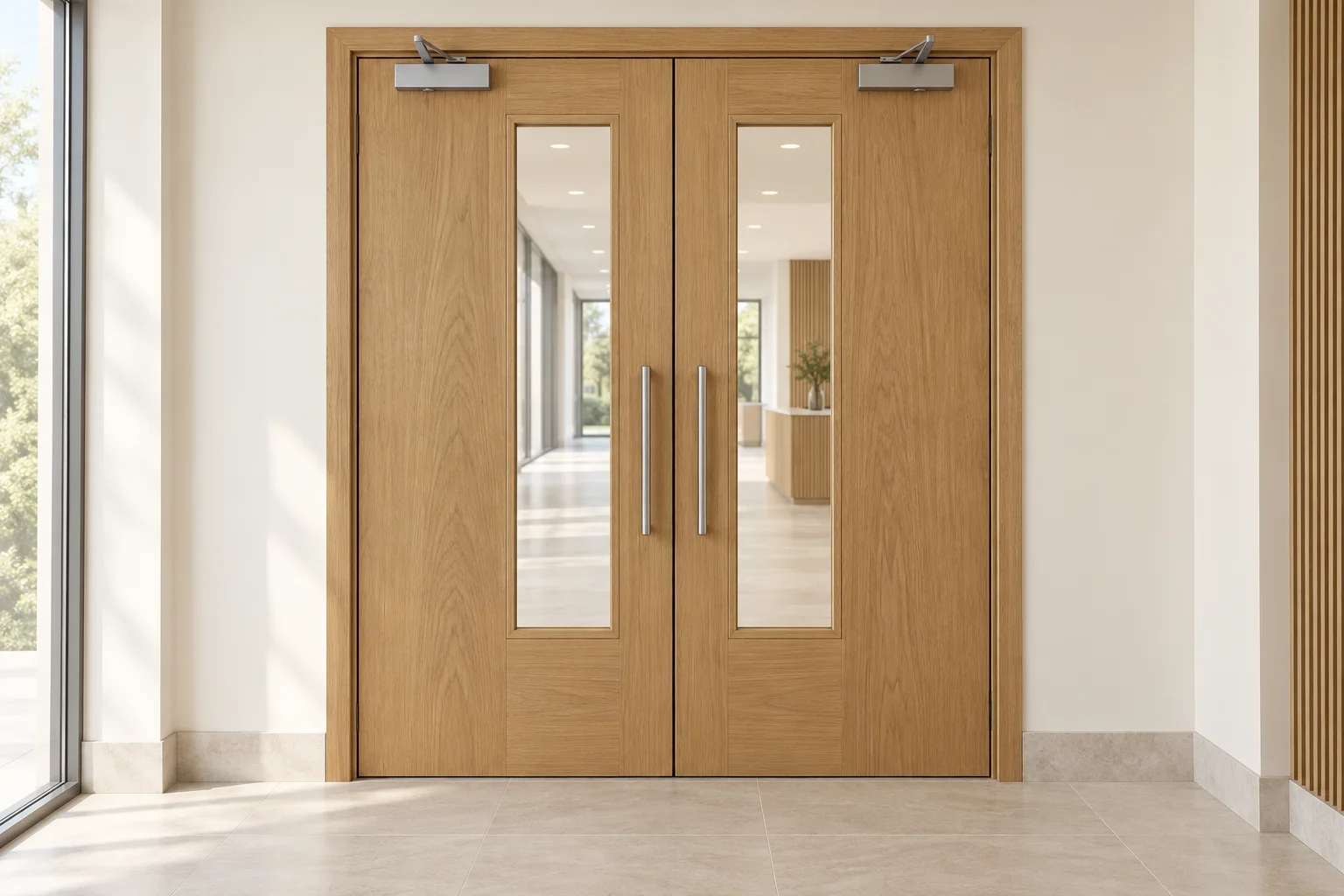 Showroom illustration of paired oak-finish timber doors with glazed vision panels