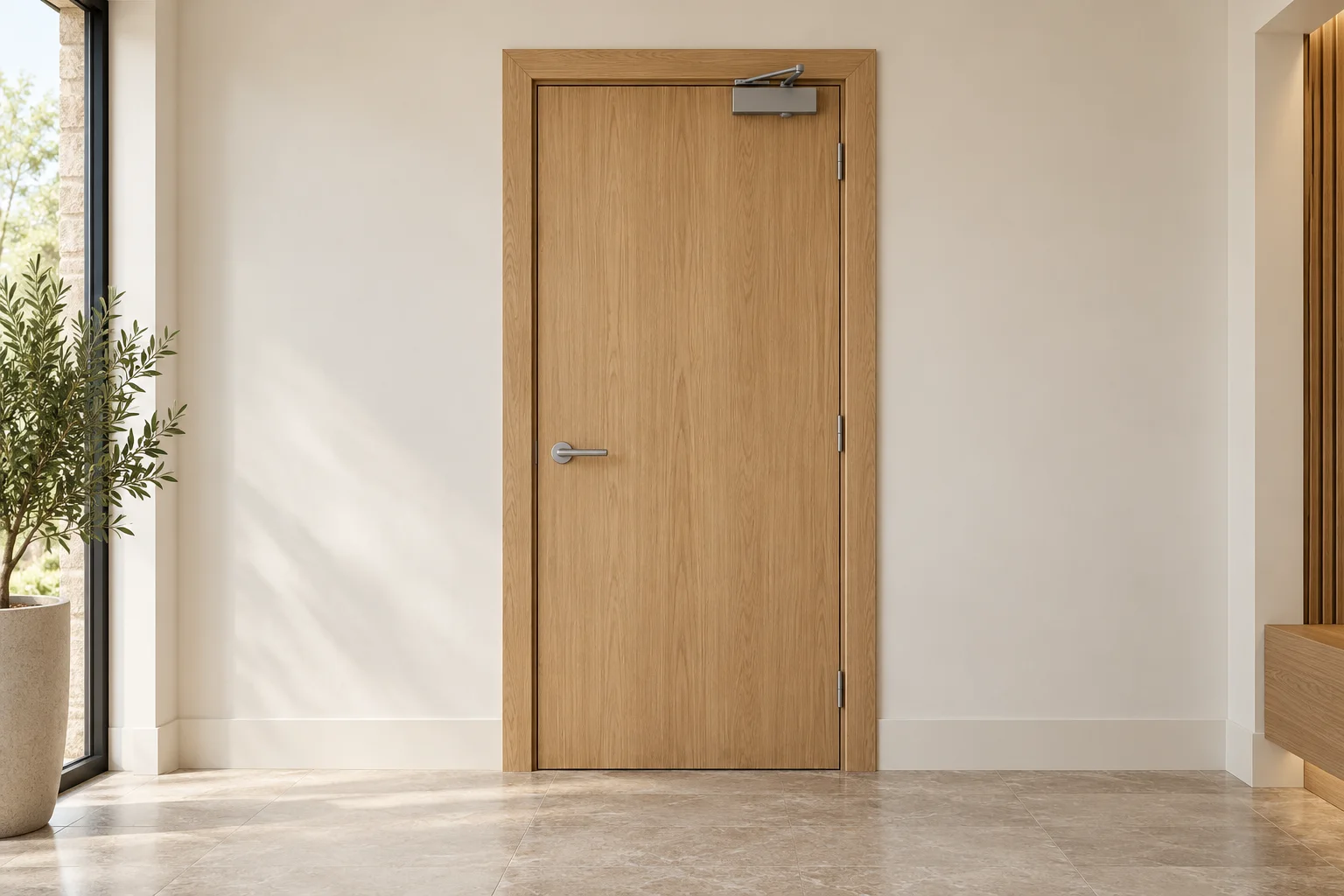 Showroom illustration of a single oak-finish timber doorset with an overhead closer