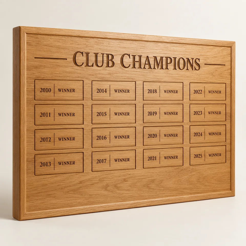 Oak Club Champions Board — AI-generated design illustration
