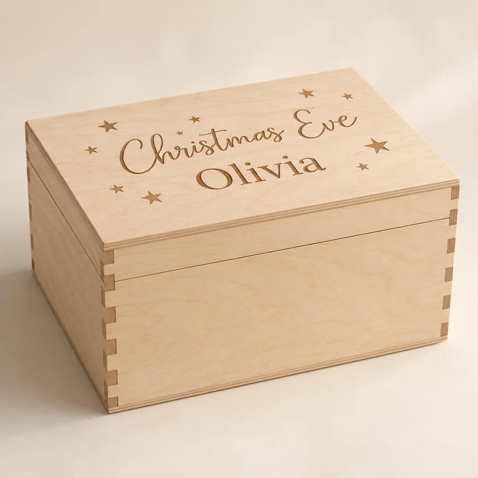 Personalised Wooden Christmas Eve Box — AI-generated design illustration