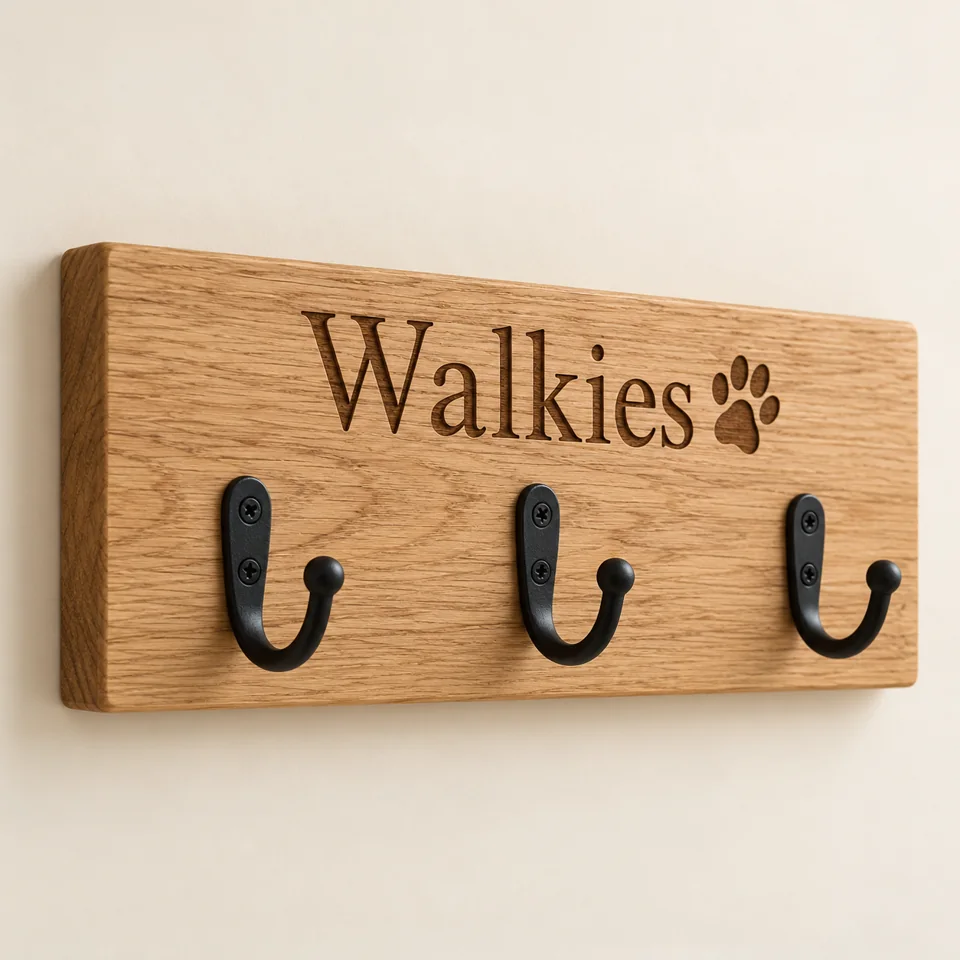 Personalised Oak Pet Lead Holder — AI-generated design illustration